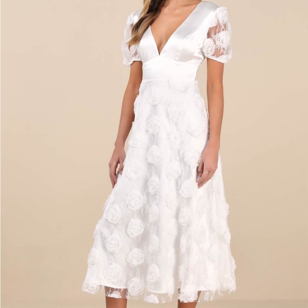 Lulu's Gorgeous Elevation White Lace Rosette Puff Sleeve Midi Dress